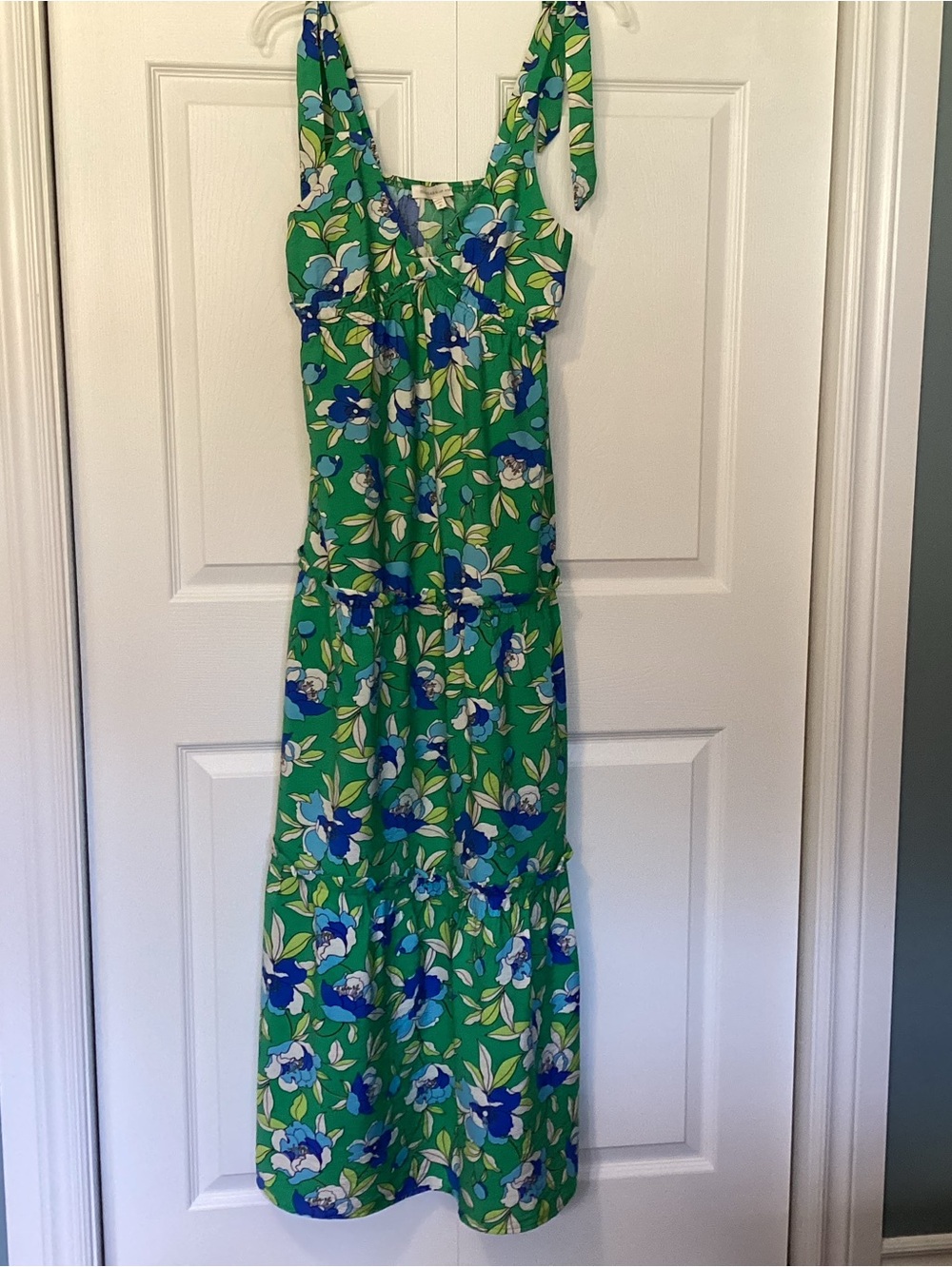 Monteau  Maxi Dress green with Blue & White Floral Print, size medium, nwt.